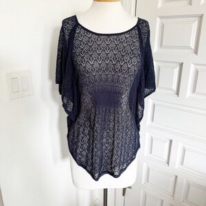 Anthropologie Moth Open Knit Top Navy Blue Bat Sleeve Intricate Lace Size Large